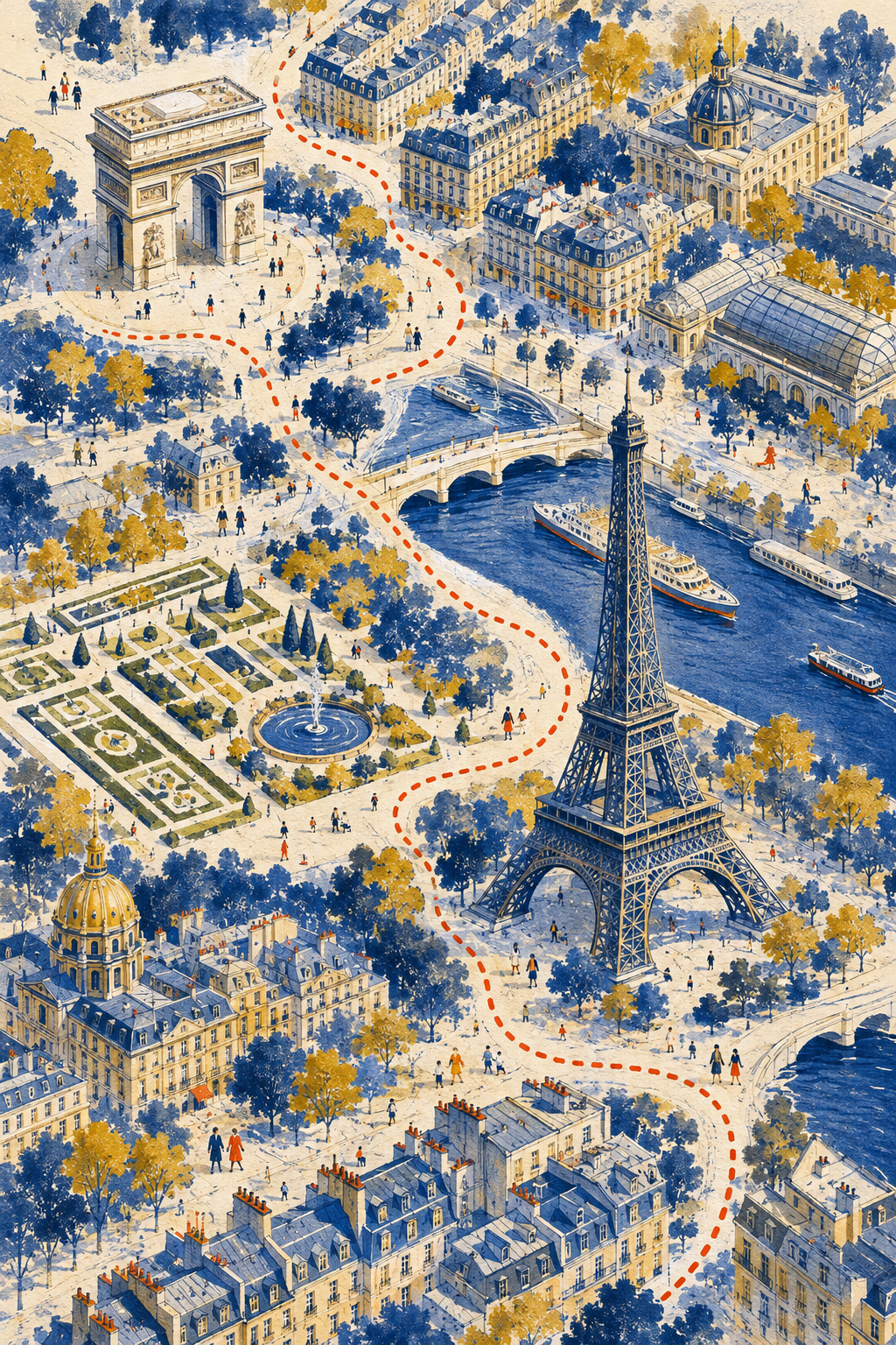 Ilustración de París, con tejados azules, jardines y un camino rojo